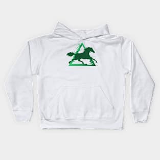 Horse Trotting with a Pixelated Triangular Explosion: Modern Design (green) Kids Hoodie
